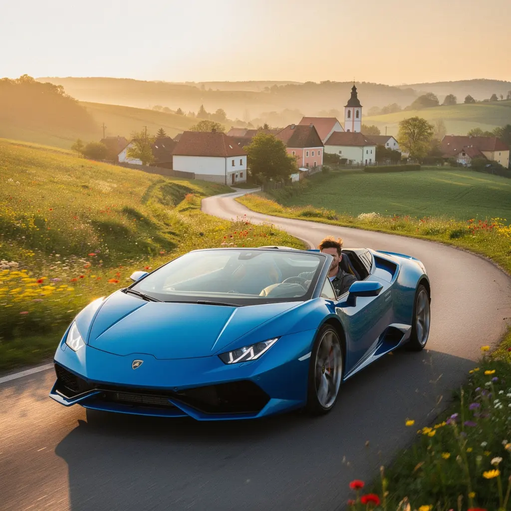 Snímek krásného exotického vozu na pozadí historických památek.